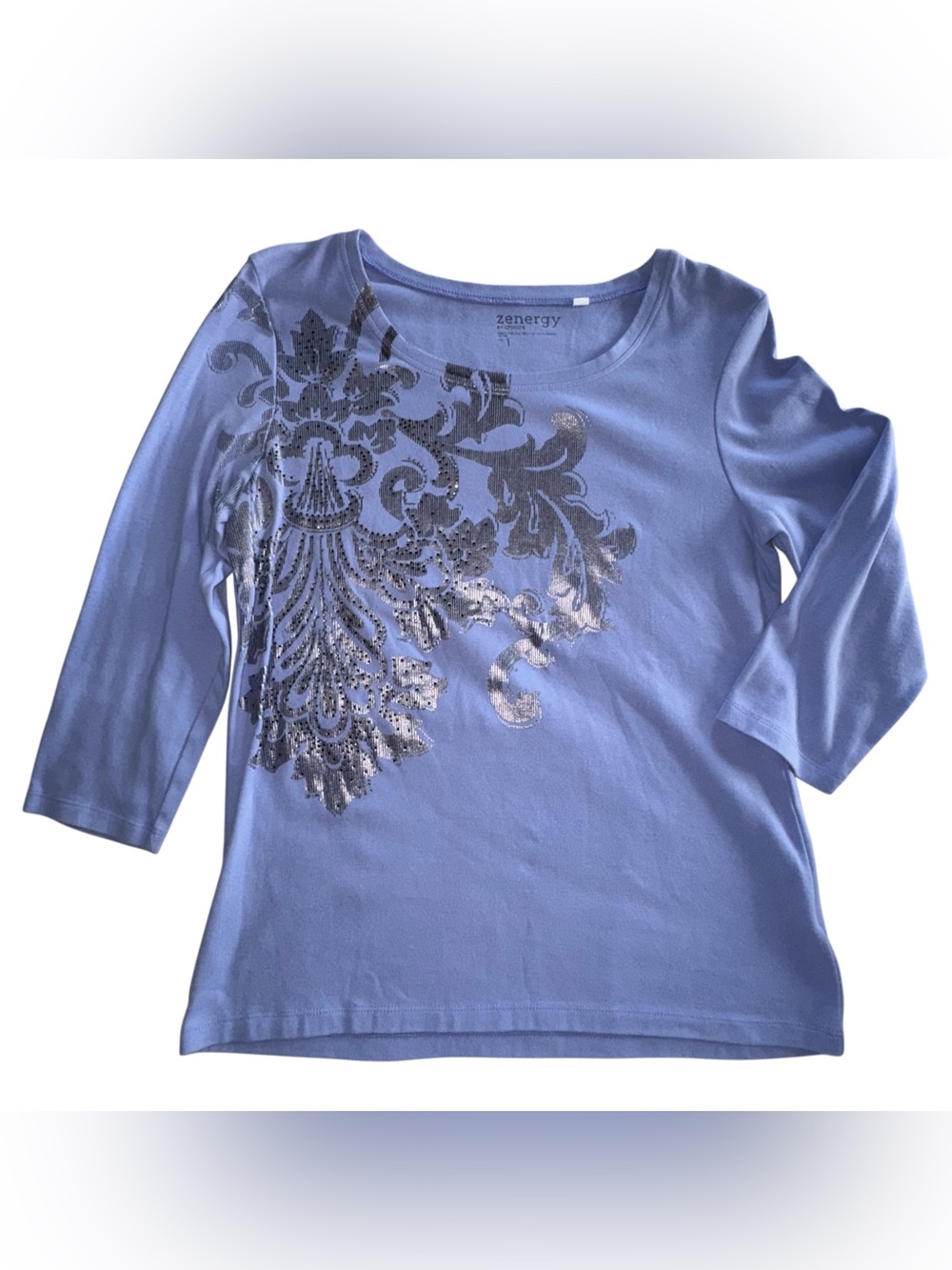 Zenergy By Chicos Knit 3/4 Sleeve Embellished Top Lilac Silver Size 1(M 8-10) - Picture 8 of 13